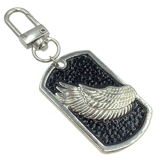 Evenchae Guardian Angel Wing Dog Tag Keychain, Silver & Black, Gift Bag, 3.25"L