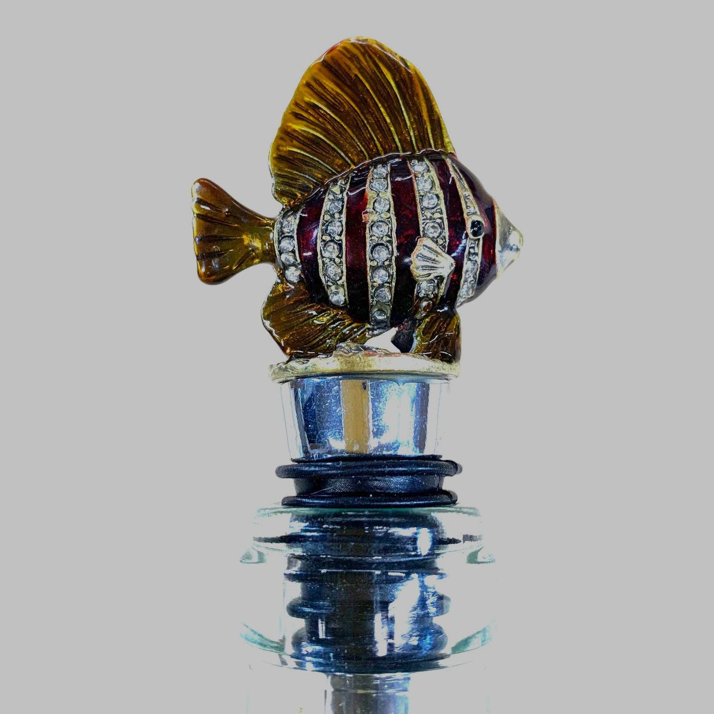 Fish Wine Bottle Stopper, Enameled Pewter & Rhinestones, Lead-Free Zinc Alloy