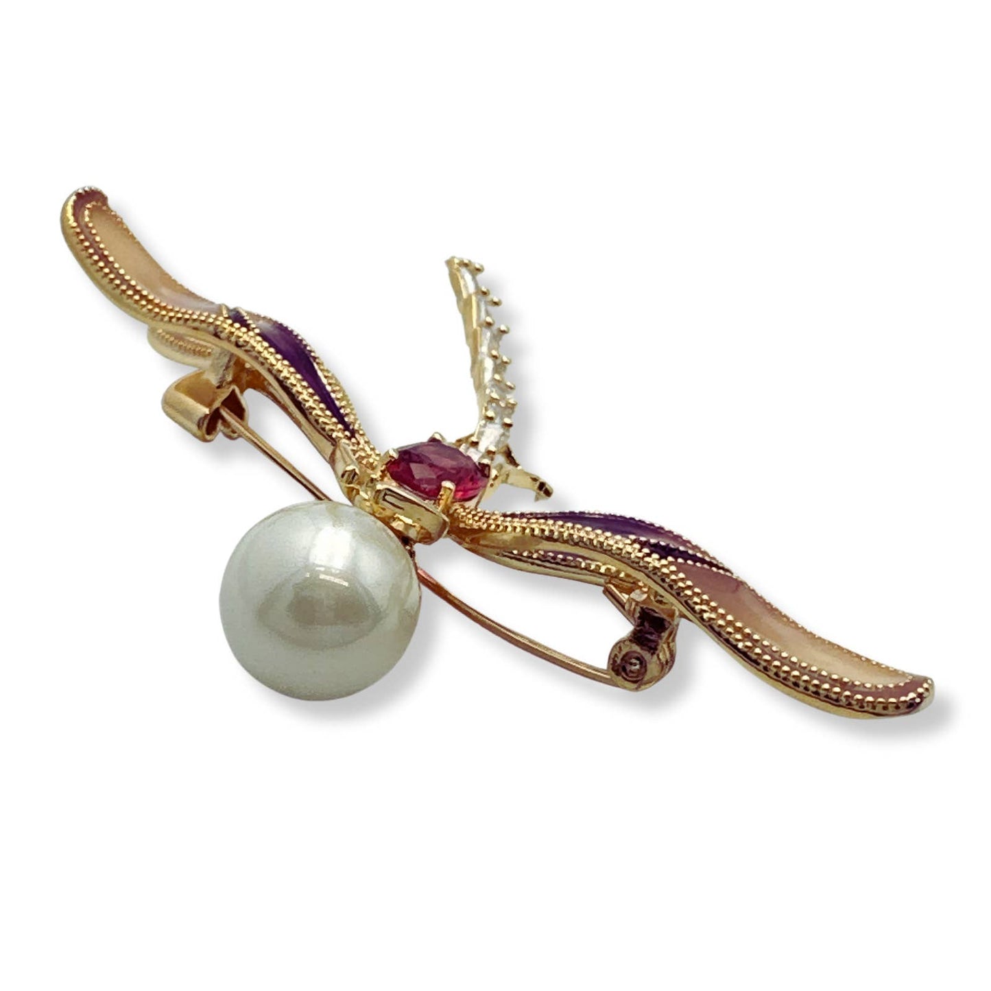 Elegant Purple Dragonfly Brooch Pin, Faux Pearl & Rhinestones, Enamel Wings 2.5W