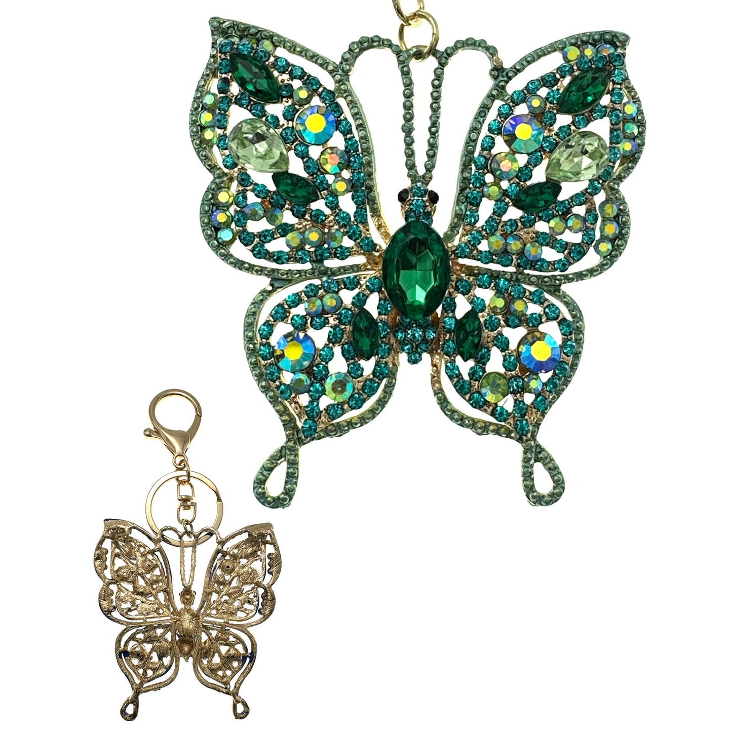 Intricate Green Butterfly Keychain Rhinestones & Gift Bag, Purse Jewelry, 5"L