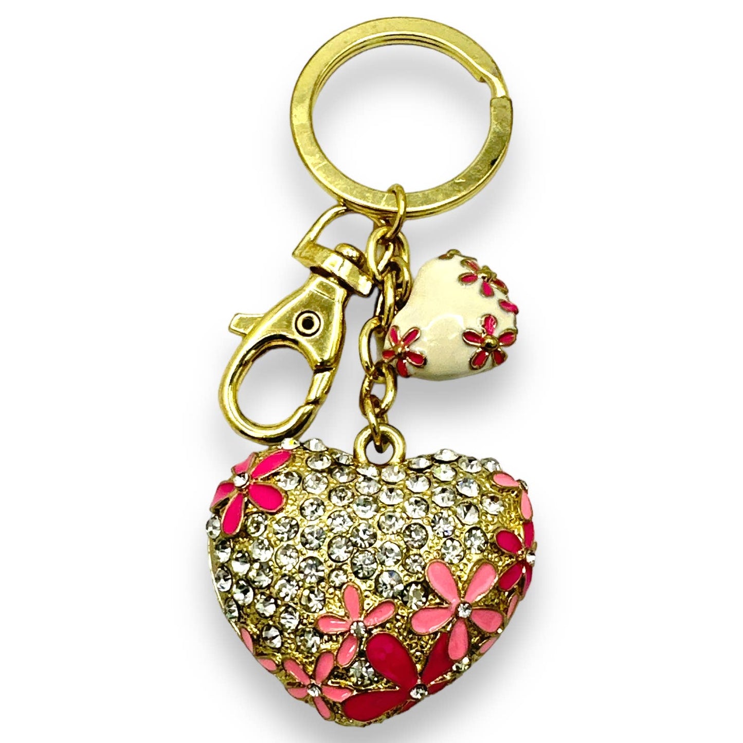 Enamel Filigree Hearts Keychain, Rhinestones & Flowers, Key Ring & Clip Gift Bag