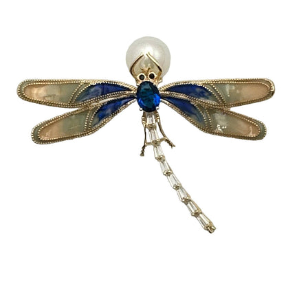 Elegant Blue Dragonfly Brooch Pin, Faux Pearl & Rhinestones, Enamel Wings 2.5W