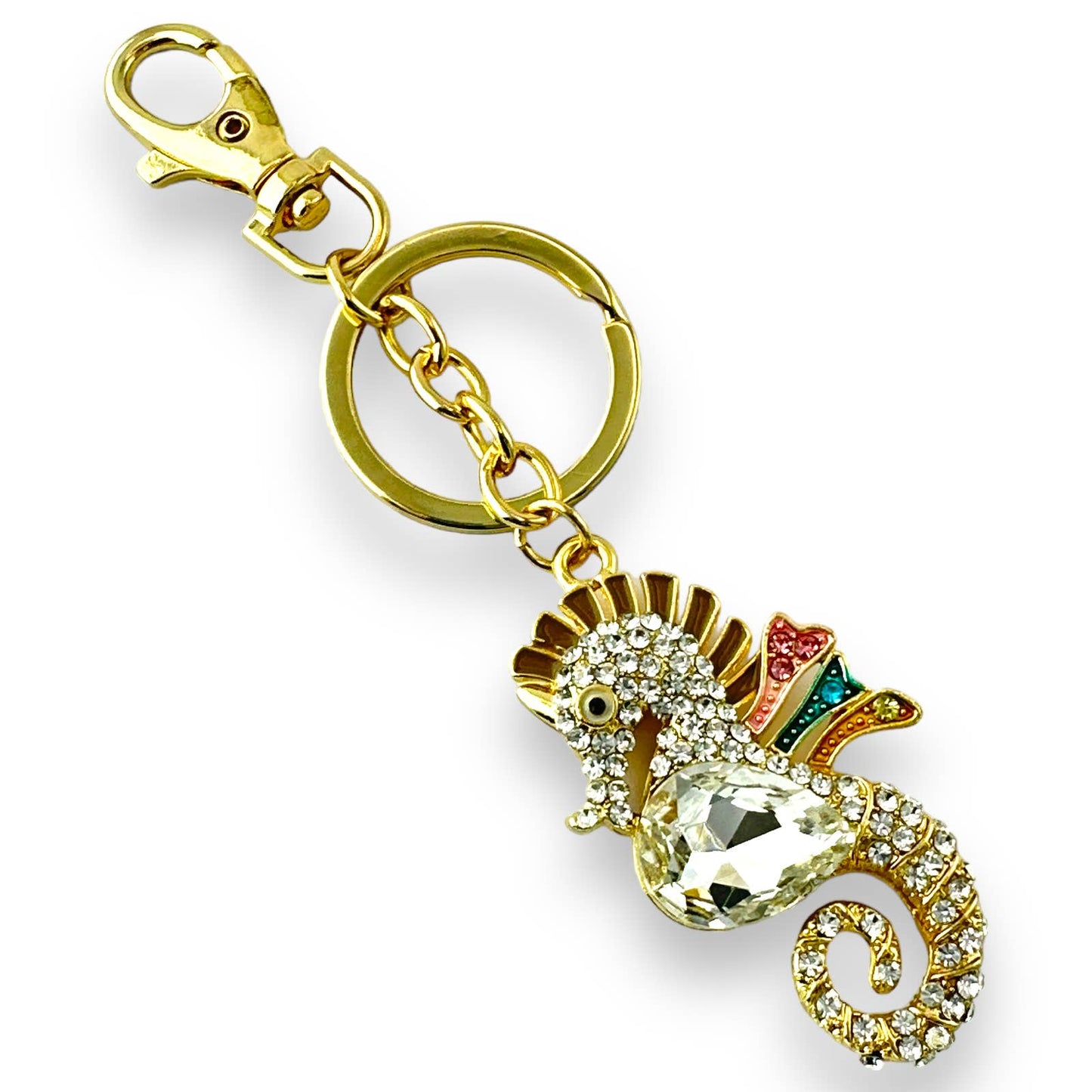 Seahorse Keychain, w/ Rhinestones Gold-tone Split Key Ring & Clip, w/ Gift Bag