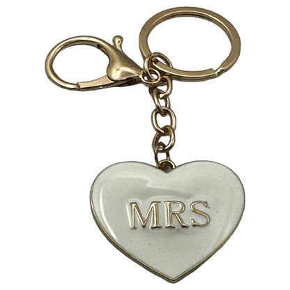 Evenchae "MRS" Heart Keychain, White with Gold Letters, Gift Bag, 4"L