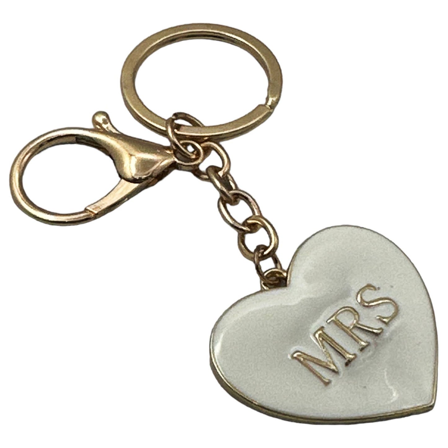 Evenchae "MRS" Heart Keychain, White with Gold Letters, Gift Bag, 4"L