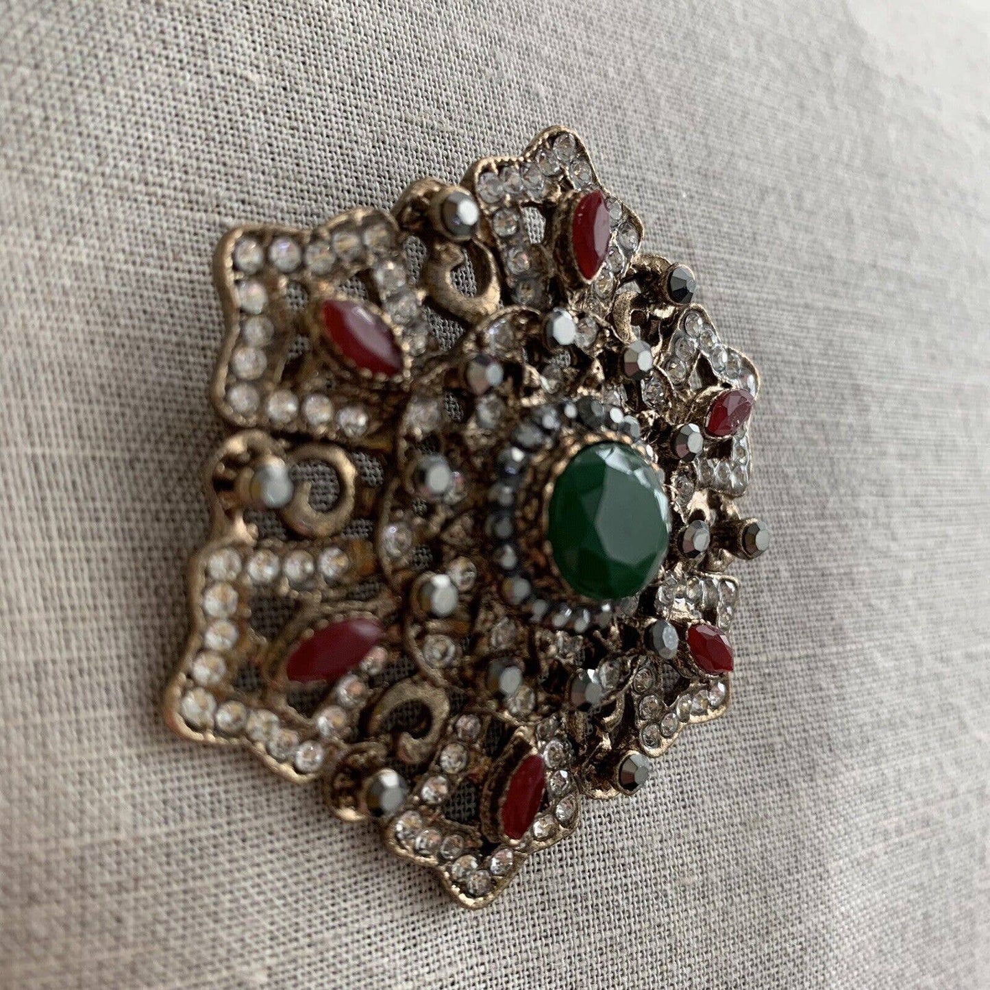 Boho Brooch Pin With Rhinestones Victorian Bohemian Style Hexagonal 2.25”W