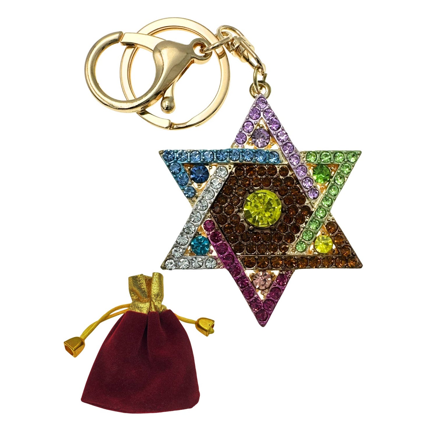 Star of David Keychain Multicolor Rhinestones, Gift Bag, Purse Jewelry, 5"L