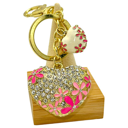 Enamel Filigree Hearts Keychain, Rhinestones & Flowers, Key Ring & Clip Gift Bag