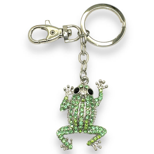 Green Rhinestones Frog Keychain, Silver-tone Split Key Ring & Clip, w/ Gift Bag