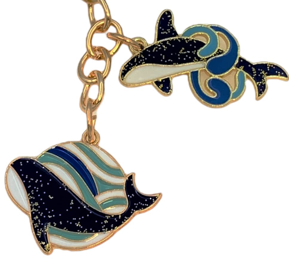 Evenchae Whales Keychain, Split Keyring, Gift Bag, Blue & Gold, 3.5" L