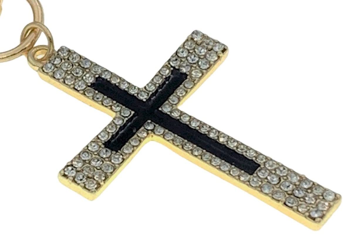 Evenchae Christian Cross Keychain, Rhinestones & Black Inlay, Gift Bag, 3.25"L