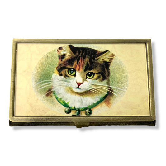 Value Arts Vintage Cat Card Case, Brass & Glass, Professional, 3.75"W x 2.25"L