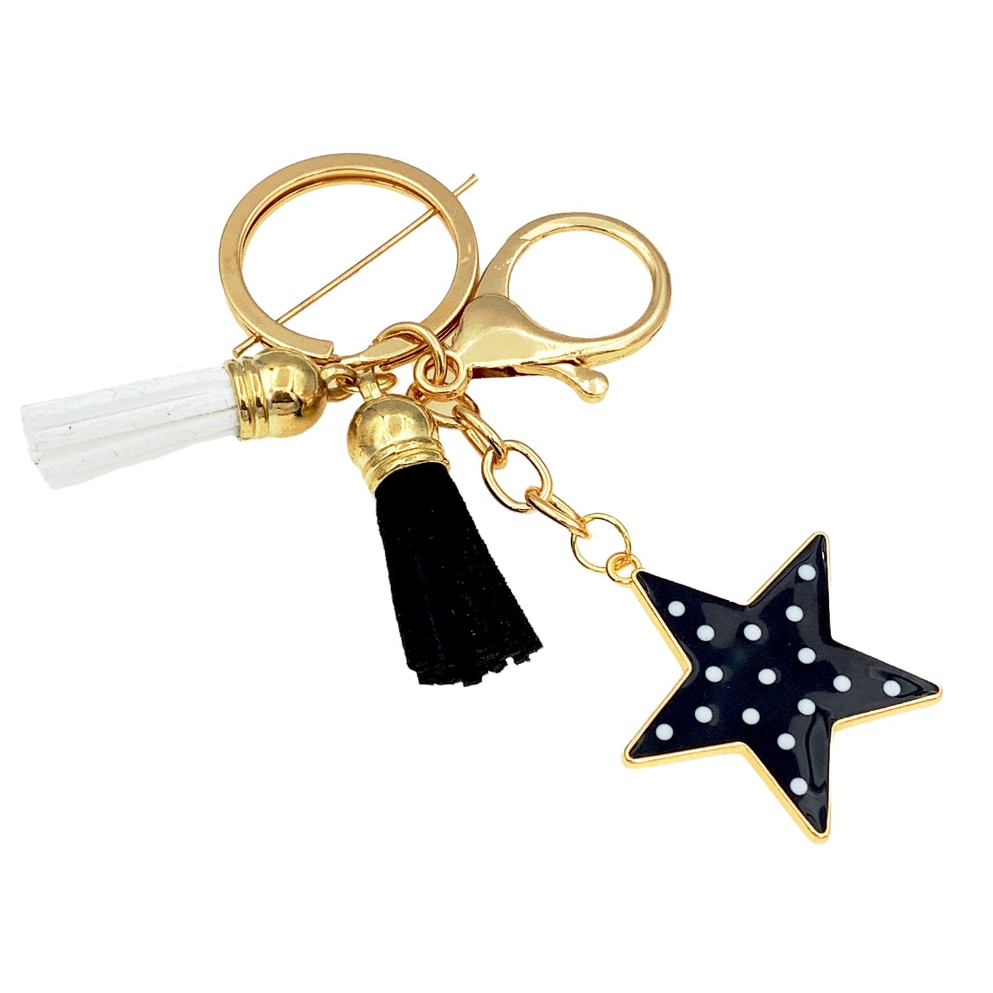 Evenchae Star & Tassels Keychain, Black & White, Purse Jewelry, Gift Bag, 4"L