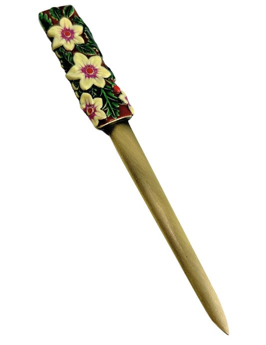 Evenchae Christmas Letter Opener with Enameled Holly & Poinsettias - Gift Box - 5.75 in Long