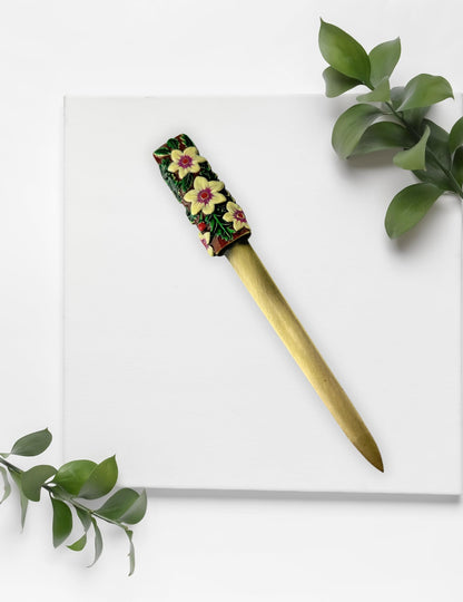 Evenchae Christmas Letter Opener with Enameled Holly & Poinsettias - Gift Box - 5.75 in Long