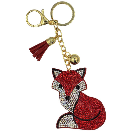 Evenchae Red Sly Fox Keychain, Sparkling Rhinestones, Plush Back, Gift Bag 6.5"L