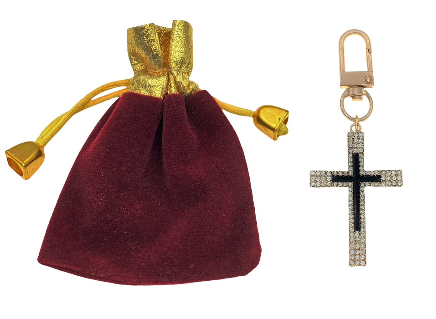 Evenchae Christian Cross Keychain, Rhinestones & Black Inlay, Gift Bag, 3.25"L