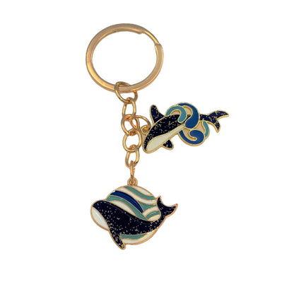 Evenchae Whales Keychain, Split Keyring, Gift Bag, Blue & Gold, 3.5" L