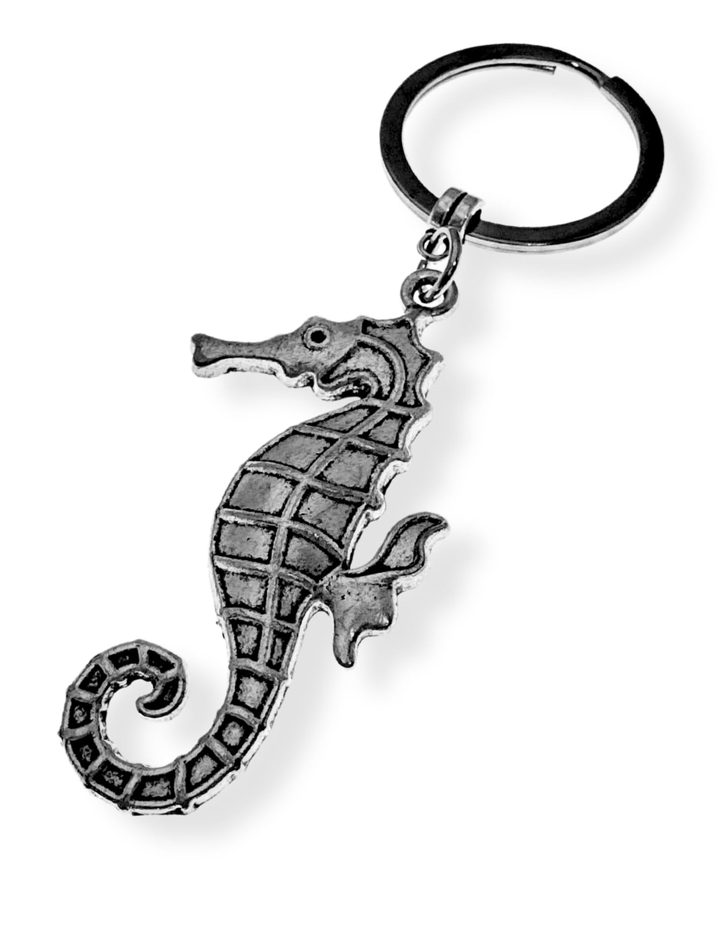 Evenchae Seahorse Keychain - Silver-Tone - Drawstring Gift Bag - Coastal - Sealife 3.75 in Long