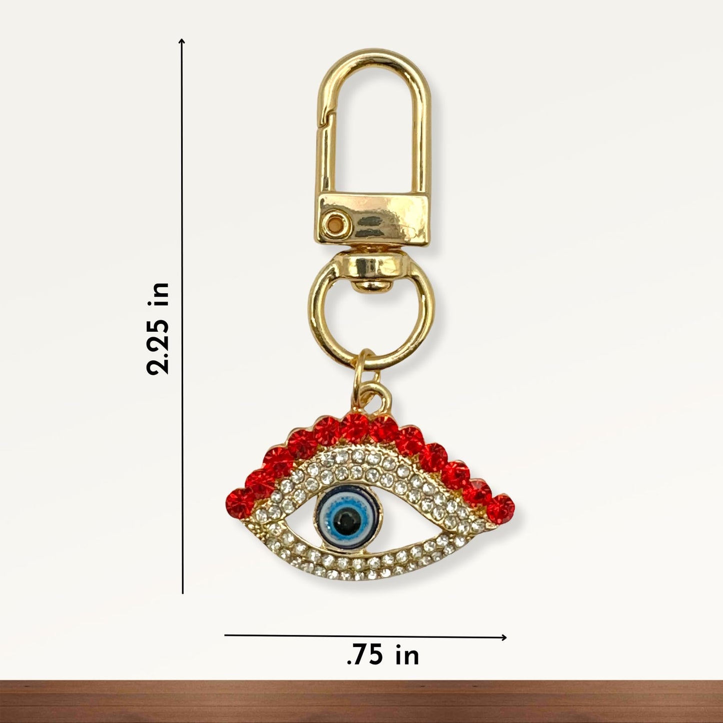 Evenchae Red Eyebrow Evil Eye Mini Keychain, Rhinestones, Gift Bag 2.25 in L