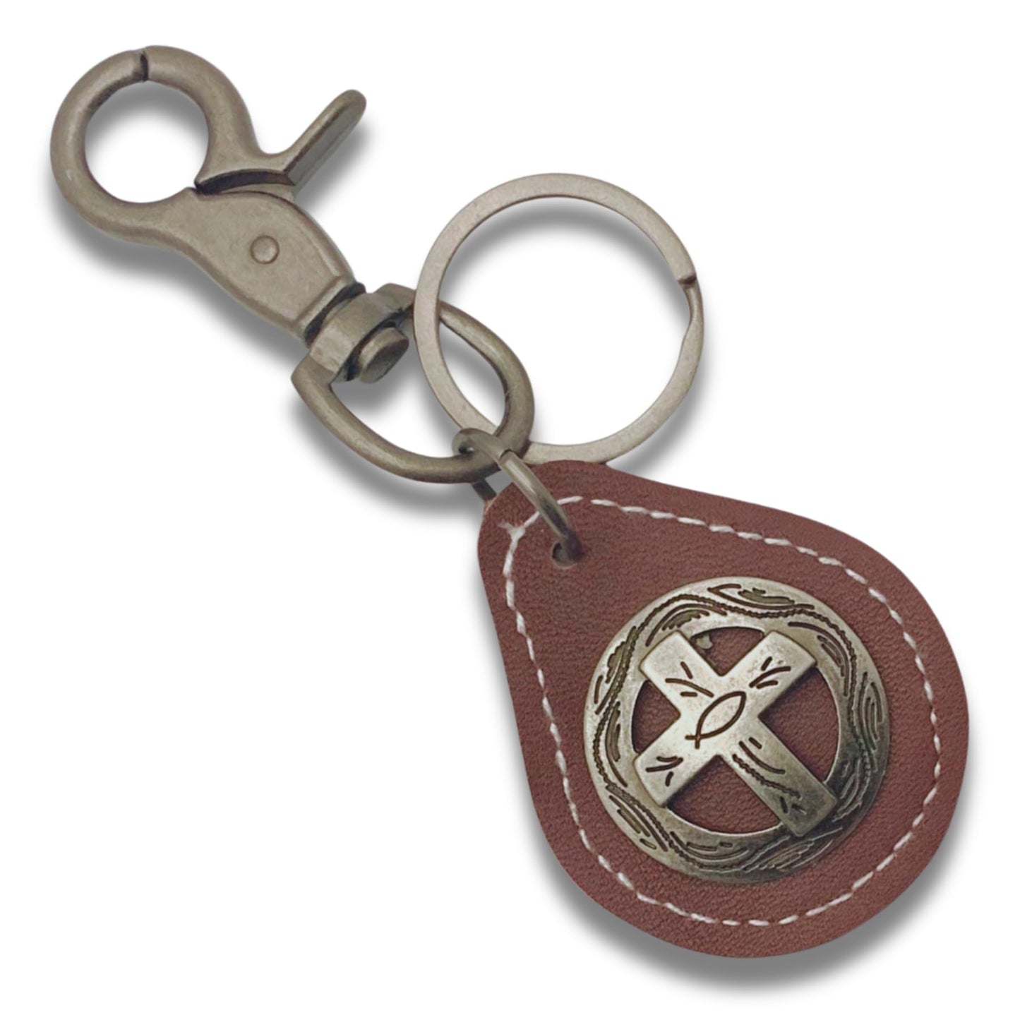 Evenchae Leather Keychain - Cross Medallion Concho - Gift Bag - Unisex 4.5 in L