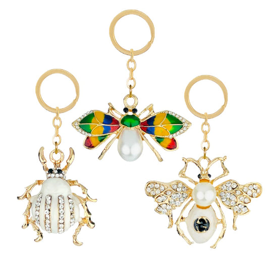 Evenchae Cute Beetles Keychains, Faux Pearls & Rhinestones, Set of 3, 3.5"L