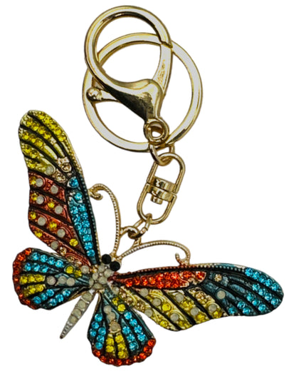 Evenchae Neon Butterfly Keychain - Inlaid with Rhinestones, Drawstring Gift Bag, Gold Solid Back - 3.5 in Long