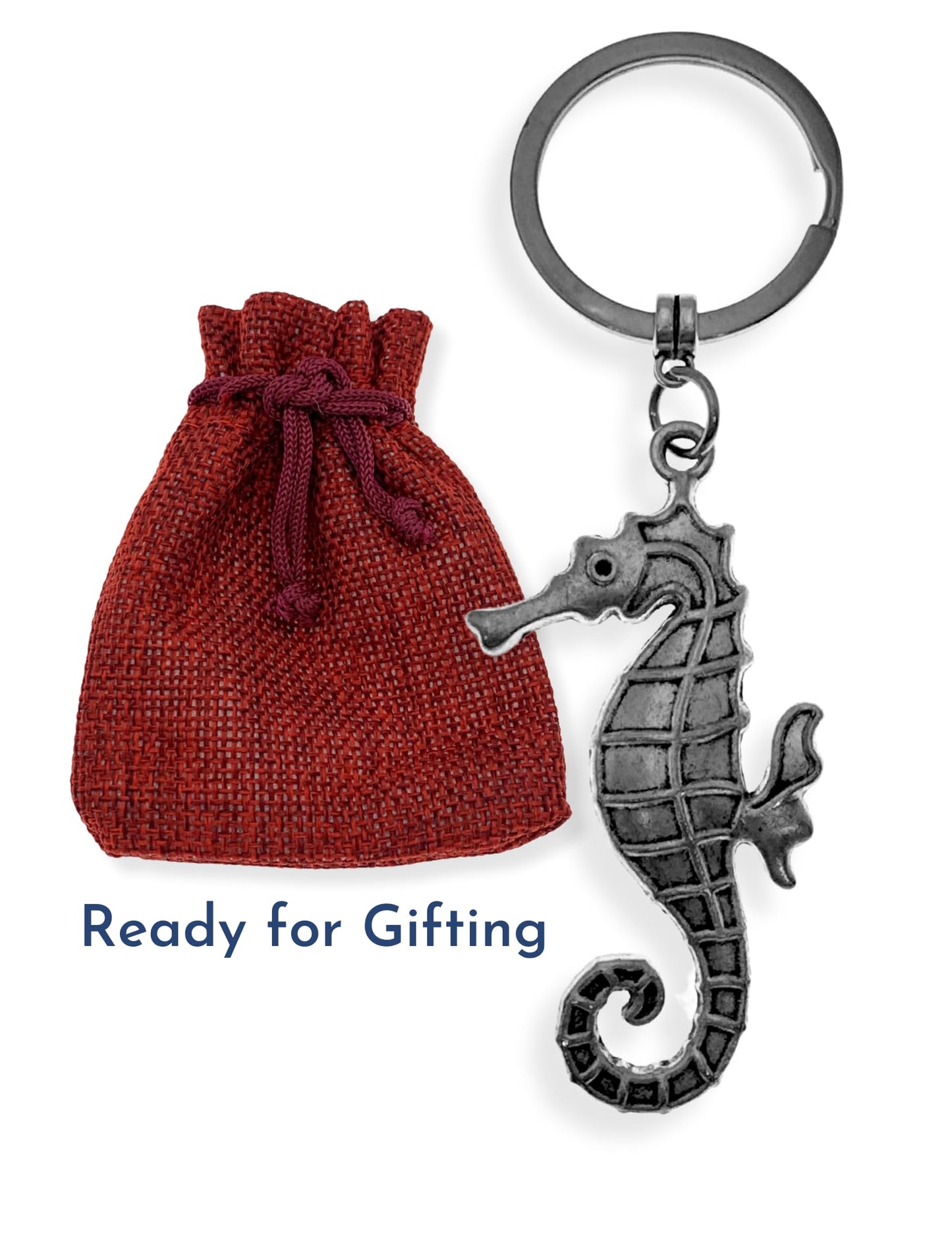 Evenchae Seahorse Keychain - Silver-Tone - Drawstring Gift Bag - Coastal - Sealife 3.75 in Long