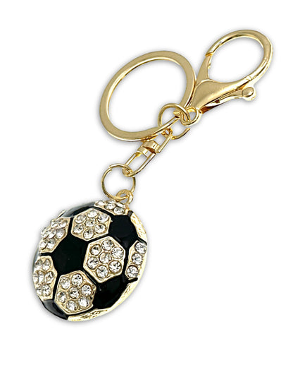 Evenchae Soccer Ball Keychain - Inlaid with Clear Rhinestones, Gold Filigree Back, Drawstring Gift Bag, 4 Inches Long