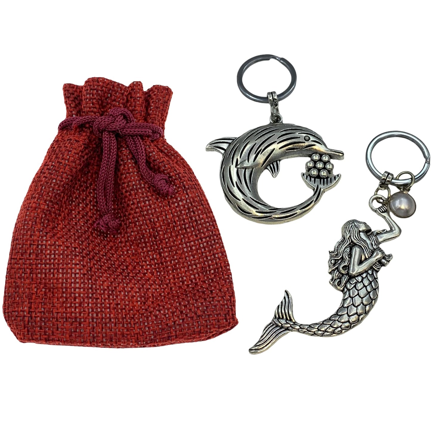 Evenchae Mermaid & Dolphin Keychain Set 2, Split Keyring, Silver-tone, Gift Bag