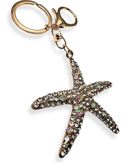 Evenchae Starfish Keychain - Inlaid with Rhinestones - Gold Filigree Back - Drawstring Gift Bag - 5 in Long