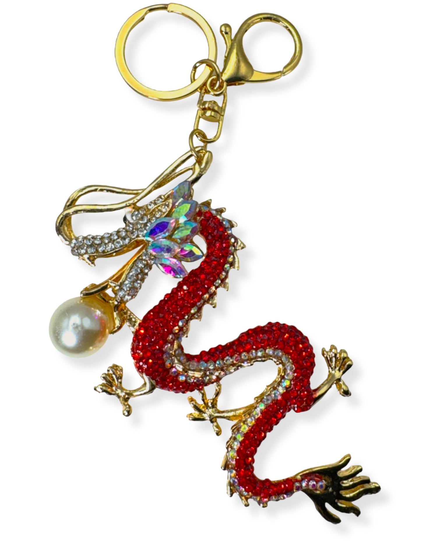 Evenchae Red Dragon Keychain - Inlaid with Rhinestones - Gold Filigree Back - Drawstring Gift Bag - 6.5 in Long