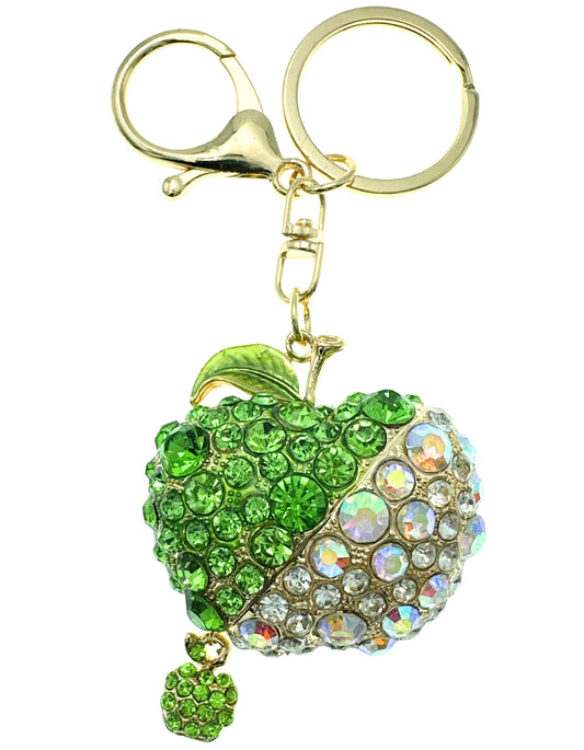 Evenchae Apple-Shaped Keychain - Rhinestones, Gold Filigree Back, Drawstring Gift Bag, 4.8 Inches Long