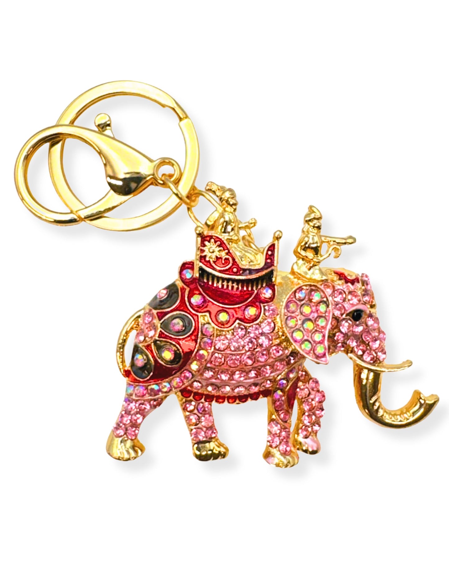 Evenchae Elephant Keychain - Inlaid with Rhinestones - Gold Filigree Back - Drawstring Gift Bag - 4.25 in Long