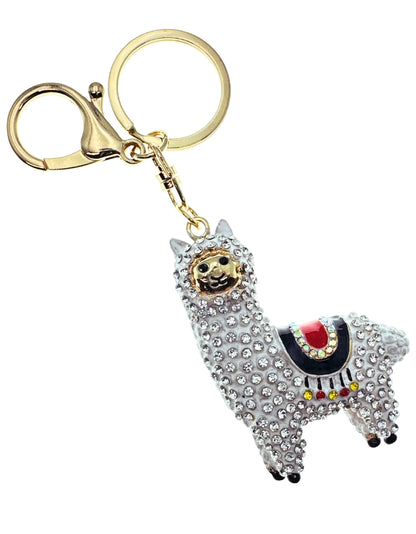 Evenchae Sparkling Llama Keychain - Rhinestones, Gold Filigreed Back, Drawstring Gift Bag - 5" Long Purse Jewelry