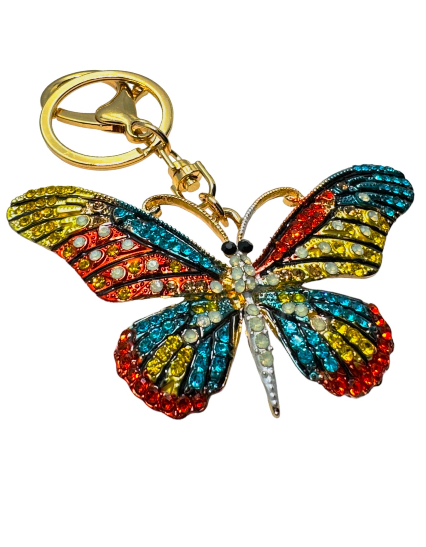 Evenchae Neon Butterfly Keychain - Inlaid with Rhinestones, Drawstring Gift Bag, Gold Solid Back - 3.5 in Long