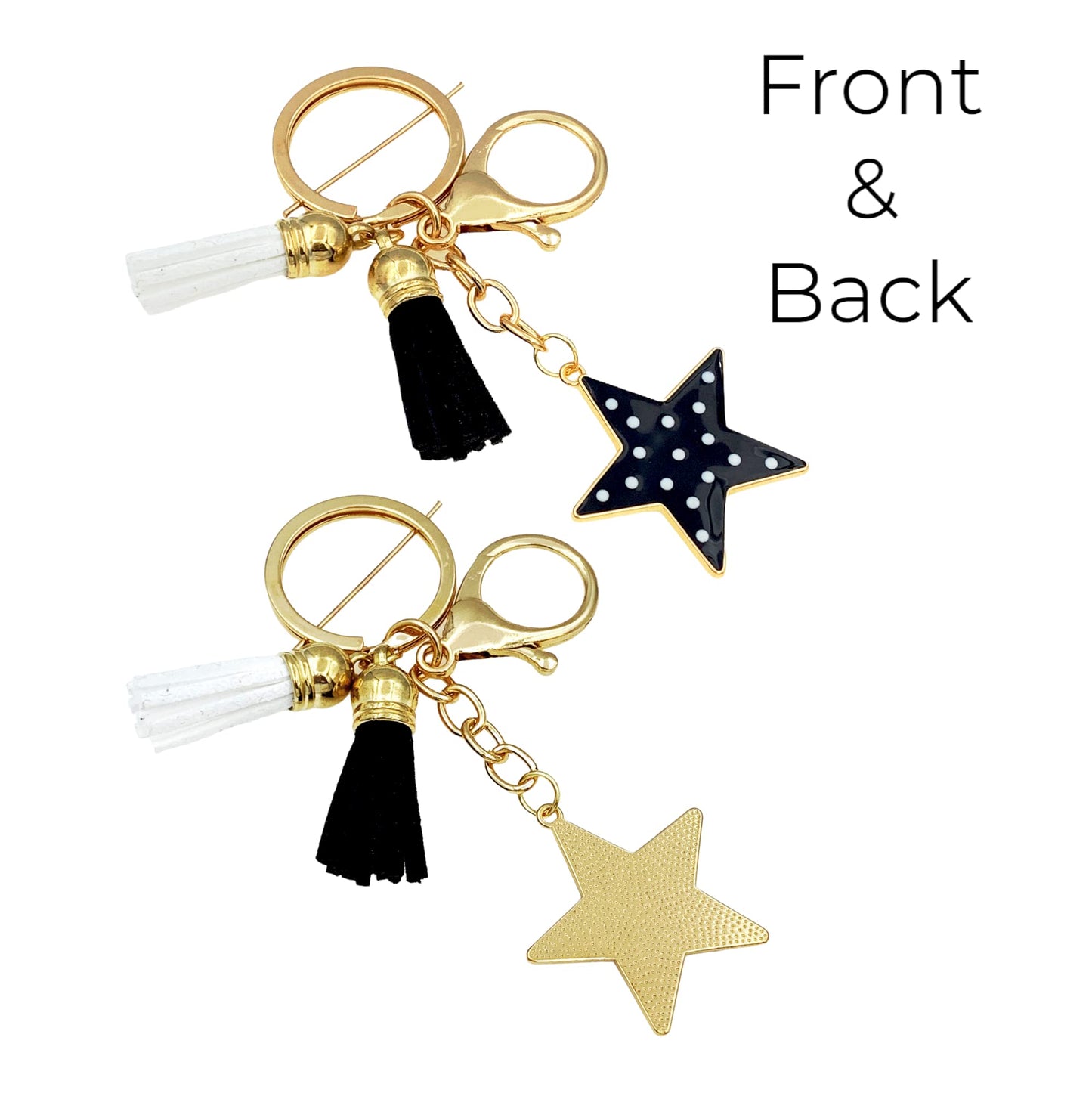 Evenchae Star & Tassels Keychain, Black & White, Purse Jewelry, Gift Bag, 4"L