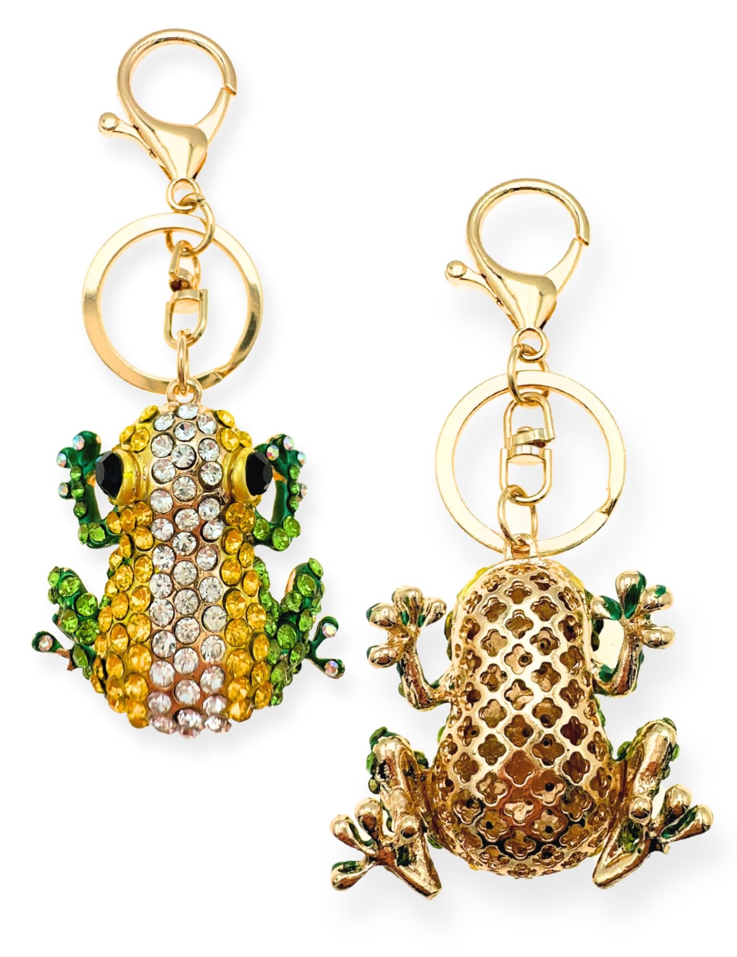 Evenchae Frog Keychain - Inlaid with Rhinestones - Gold-Tone Filigree Back - Drawstring Gift Bag - 4.5 in Long