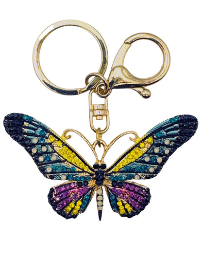 Evenchae Neon Butterfly Keychain - Inlaid with Rhinestones, Drawstring Gift Bag, Gold Solid Back - 3.5 in Long