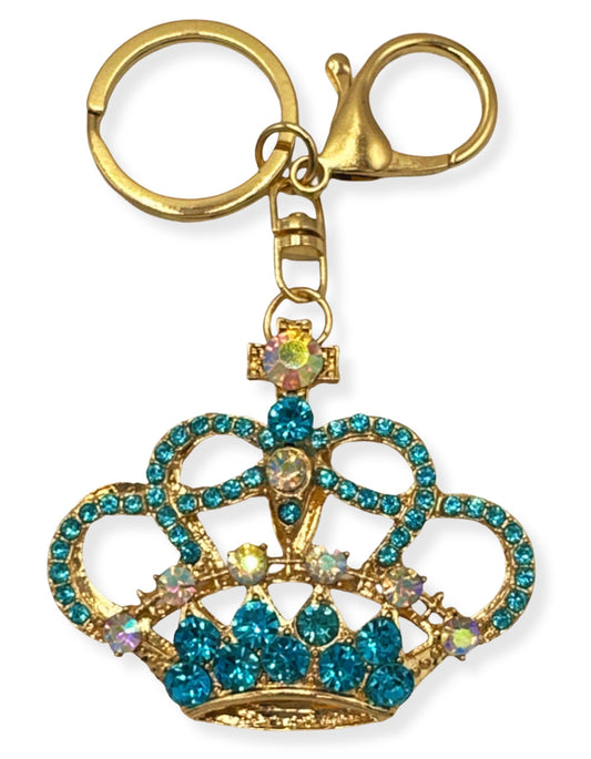 Evenchae Blue Crown Keychain - Inlaid with Rhinestones - Gold Filigree Back - Drawstring Gift Bag - 4.5 in Long