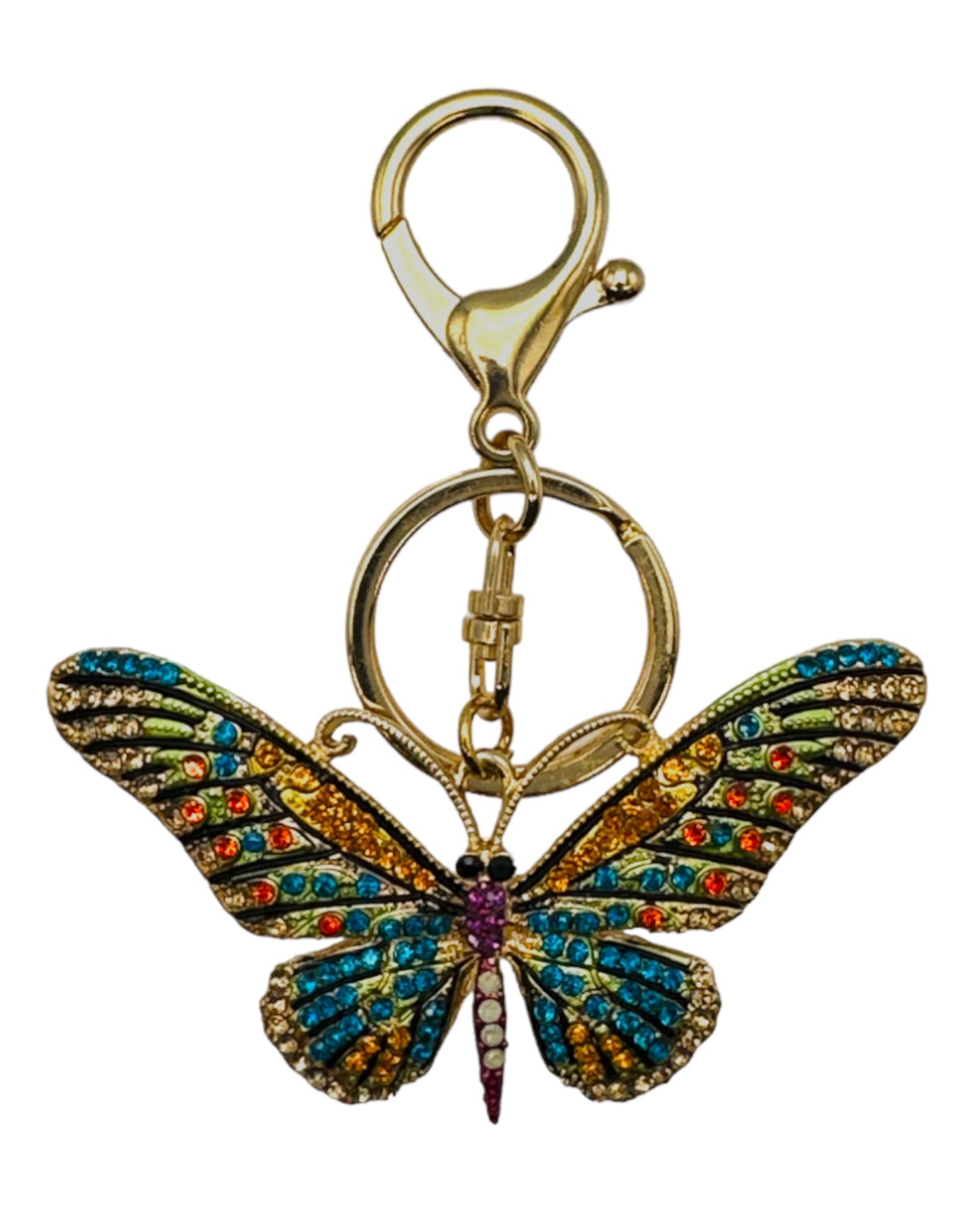 Evenchae Neon Butterfly Keychain - Inlaid with Rhinestones, Drawstring Gift Bag, Gold Solid Back - 3.5 in Long