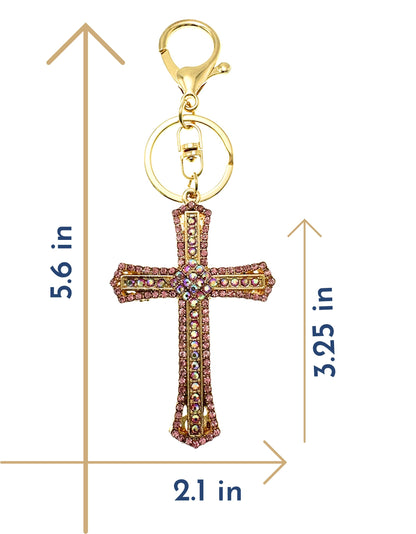 Evenchae Inlaid Cross Keychain - Rhinestones, Gold Filigree Back, Drawstring Gift Bag, 5.6 Inches Long