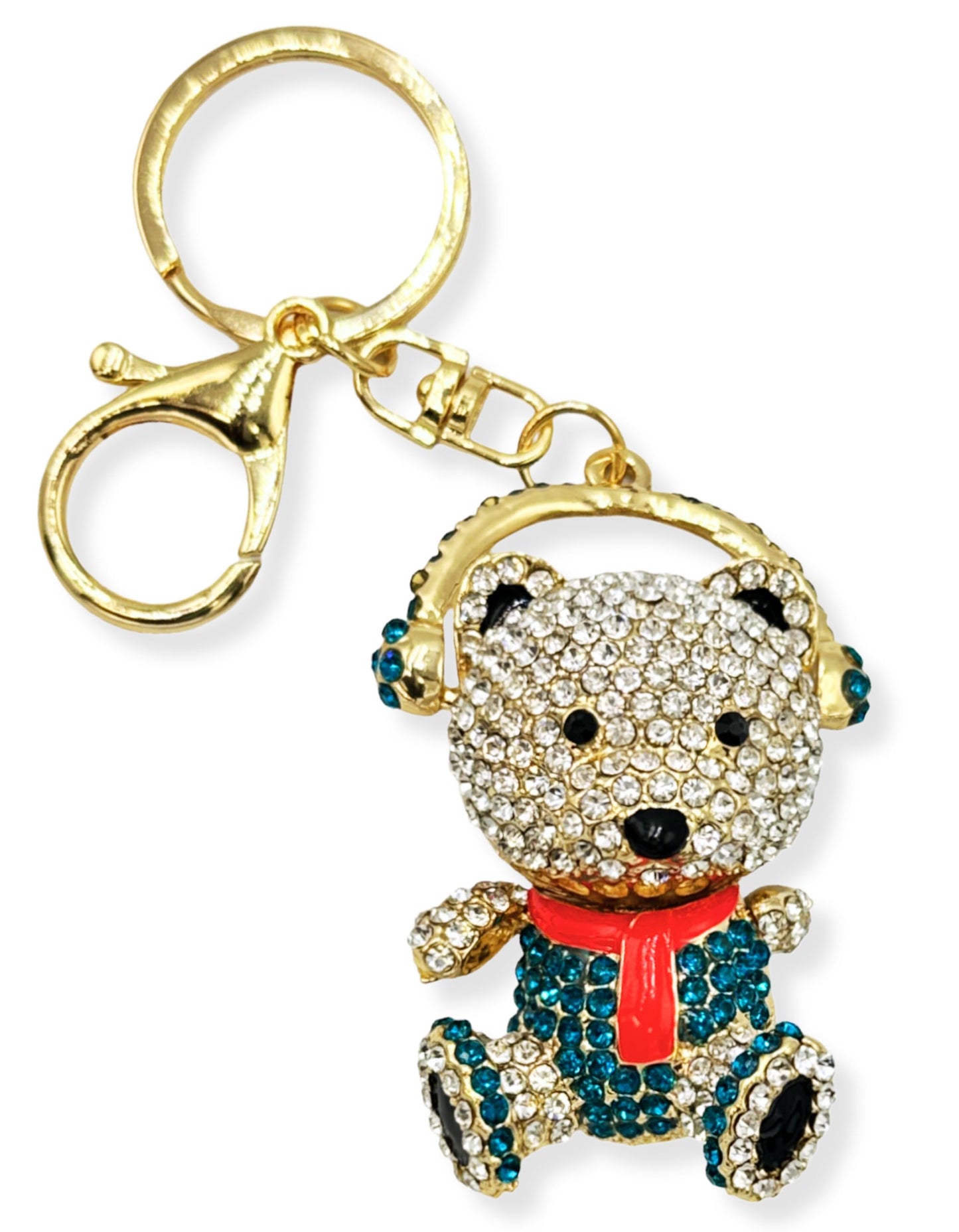 Evenchae Teddy Bear with Headphones Keychain - Rhinestones - Gold-Tone Filigree Back - Drawstring Gift Bag - 5 in Long