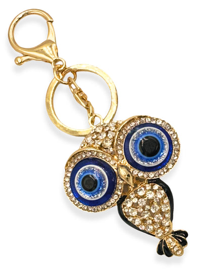 Evenchae Evil Eye Owl Keychain - Inlaid with Clear Rhinestones - Gold Filigree Back - Drawstring Gift Bag - 5 in Long