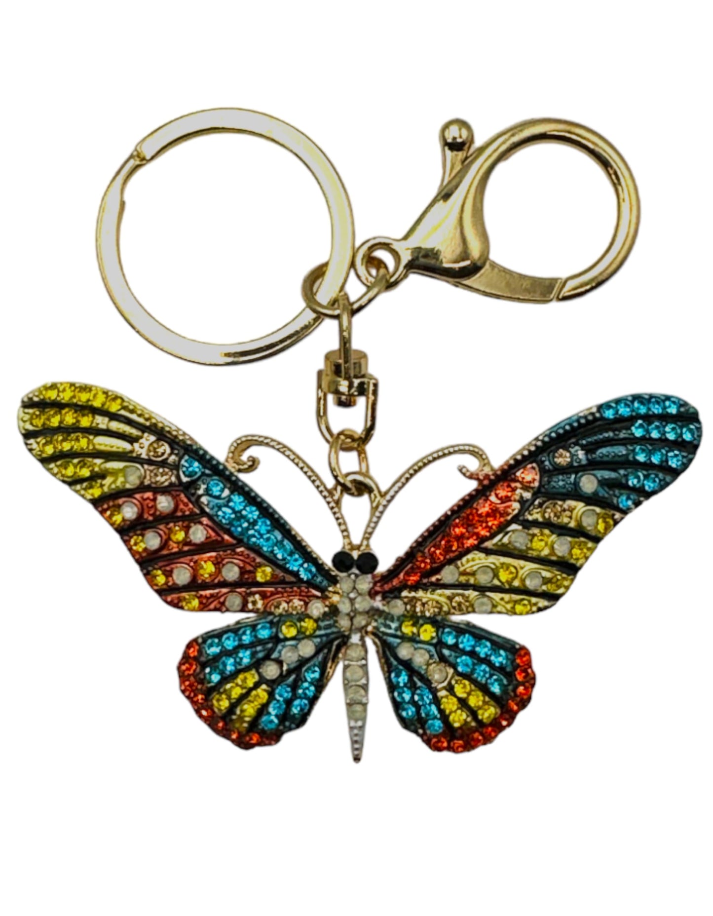 Evenchae Neon Butterfly Keychain - Inlaid with Rhinestones, Drawstring Gift Bag, Gold Solid Back - 3.5 in Long