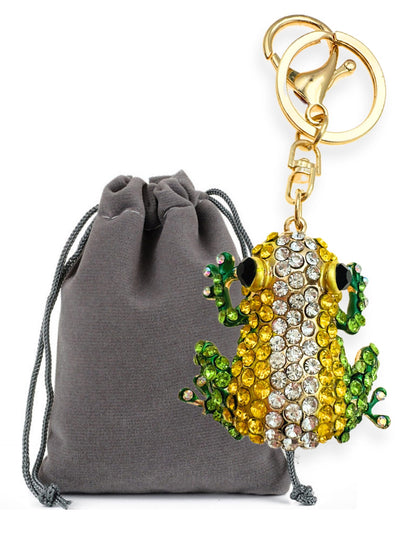 Evenchae Frog Keychain - Inlaid with Rhinestones - Gold-Tone Filigree Back - Drawstring Gift Bag - 4.5 in Long