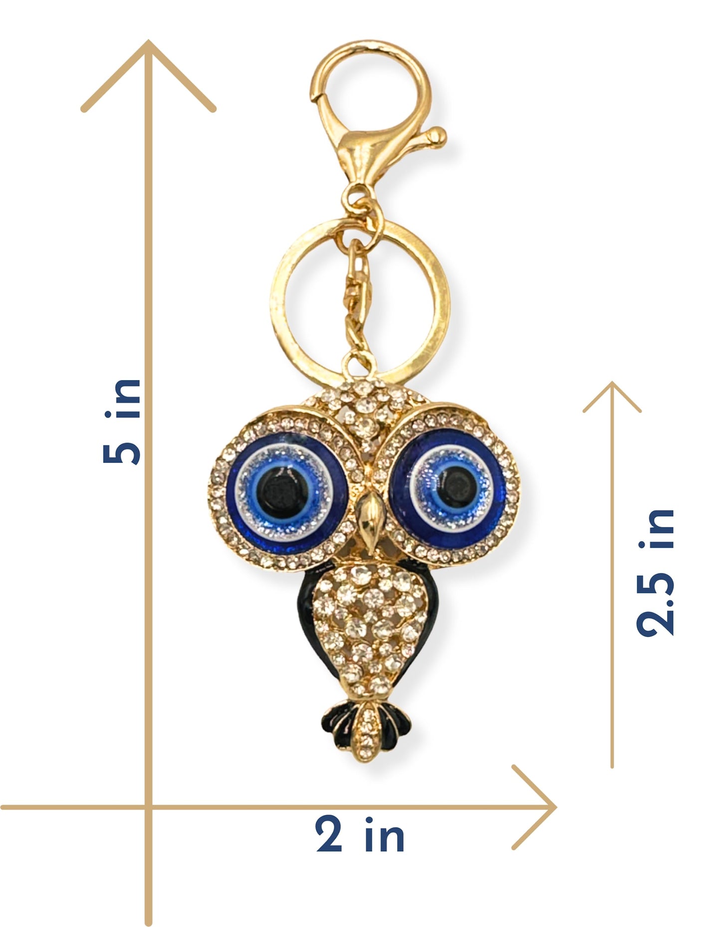 Evenchae Evil Eye Owl Keychain - Inlaid with Clear Rhinestones - Gold Filigree Back - Drawstring Gift Bag - 5 in Long