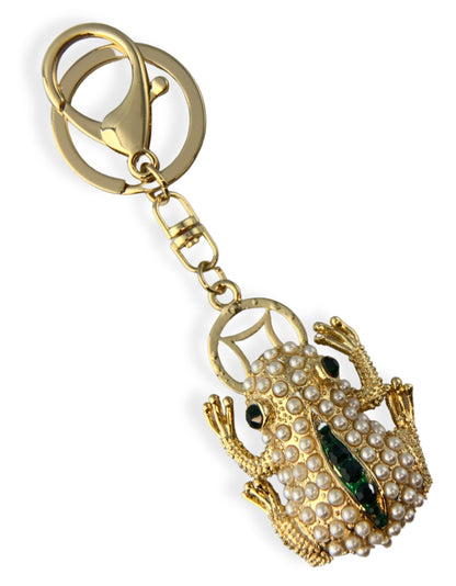 Evenchae Frog Keychain - Imitation Pearls & Rhinestones - Gold-Tone Filigree Back - Drawstring Gift Bag - 4.75 in Long