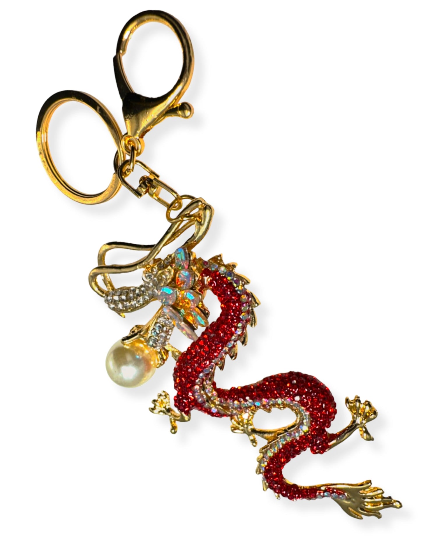 Evenchae Red Dragon Keychain - Inlaid with Rhinestones - Gold Filigree Back - Drawstring Gift Bag - 6.5 in Long