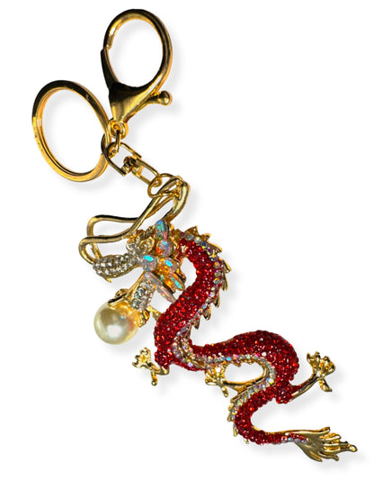 Evenchae Red Dragon Keychain - Inlaid with Rhinestones - Gold Filigree Back - Drawstring Gift Bag - 6.5 in Long